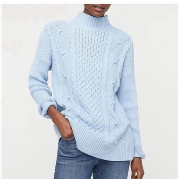 J Crew Swingy Cable Knit Sweater Blue Cotton Mock Neck Oversized Womens XS - Picture 8 of 8